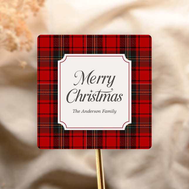 Red Plaid Merry Christmas Square Sticker (Red Plaid Modern Merry Christmas Holiday Sticker)