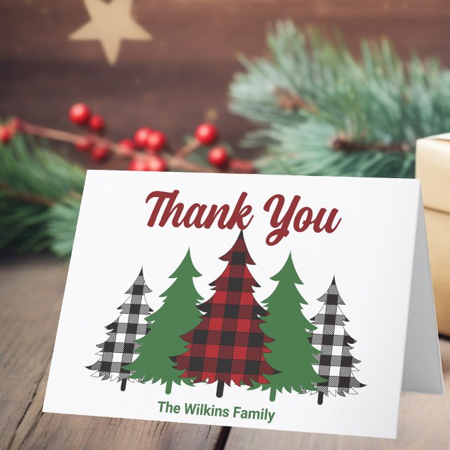 Red Plaid Merry Christmas Trees Custom Folded Thank You Card (Creator Uploaded)
