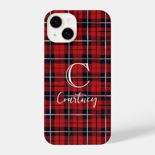 Red Plaid Modern Monogram Phone Case (Back)