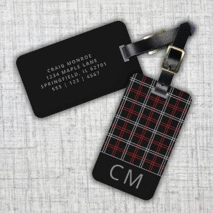 Red Plaid Modern Monogrammed Simple Initials Luggage Tag