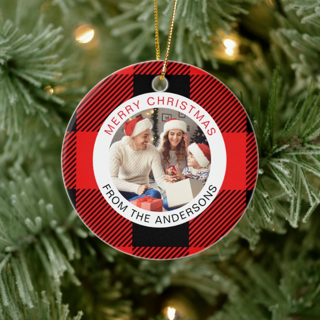 Red Plaid Modern Simple Christmas Family 2 Photo Ceramic Tree Decoration (Tree)