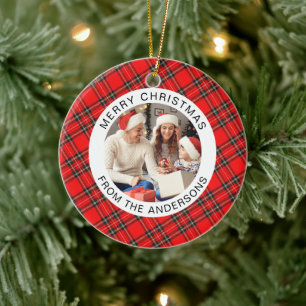 Red Plaid Modern Simple Christmas Family 2 Photo Ceramic Tree Decoration