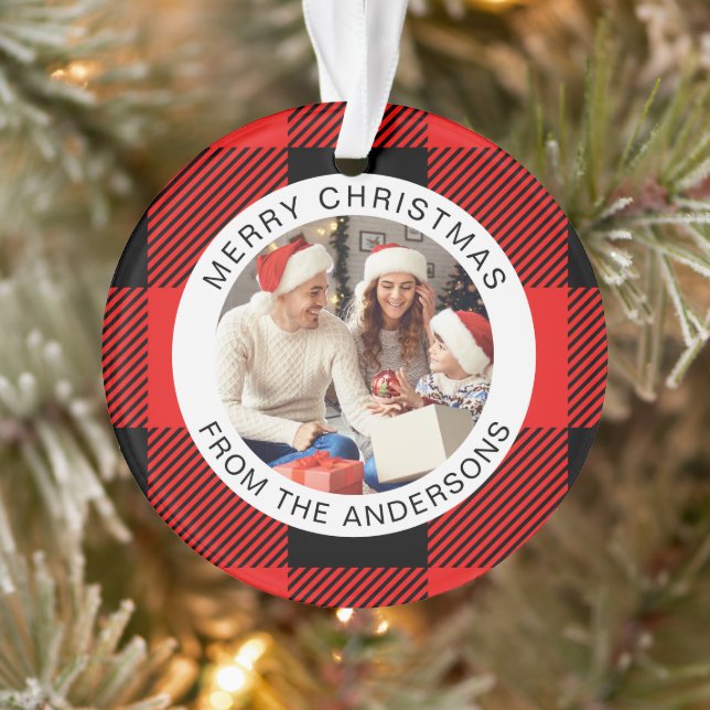 Red Plaid Modern Simple Christmas Family 2 Photo Ornament (Tree)