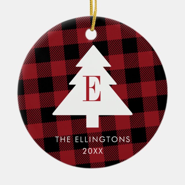 Red Plaid Monogram Christmas Ornament with Photo (Front)