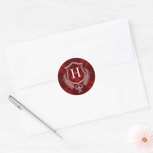 Red Plaid Monogram Initial Christmas Classic Round Sticker (Envelope)