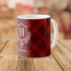 Red Plaid Monogram Initial Tartan Coffee Mug