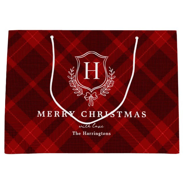 Red Plaid Monogram Name Christmas Large Gift Bag (Front)