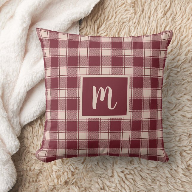 Red Plaid Monogram Throw Pillow (Creator Uploaded)