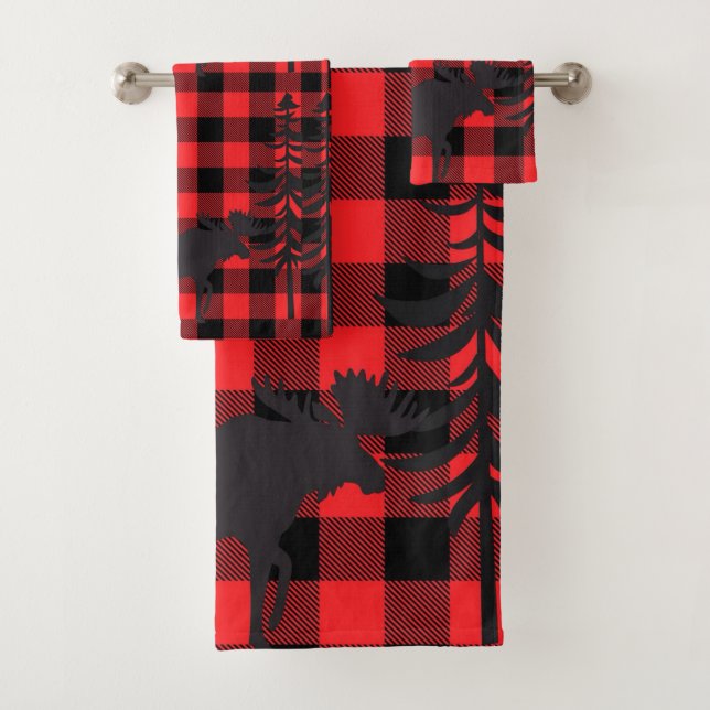 Red Plaid Moose Silhouette Bath Towel Set (Insitu)