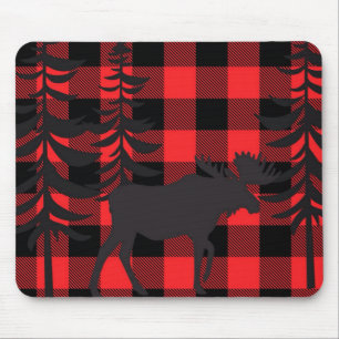 Red Plaid Moose Silhouette Mouse Mat
