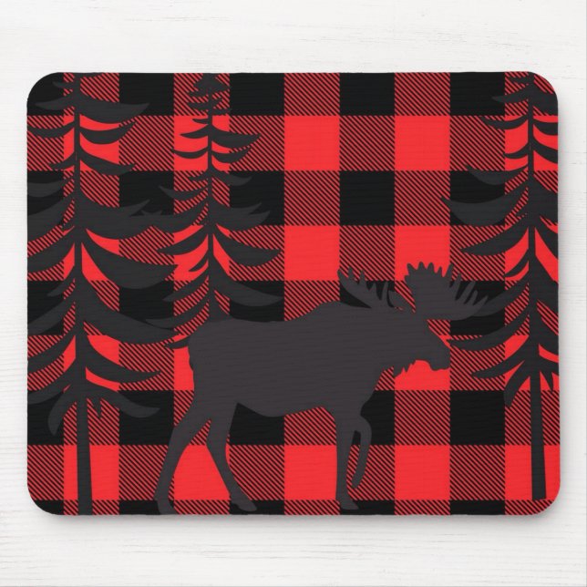 Red Plaid Moose Silhouette Mouse Mat (Front)