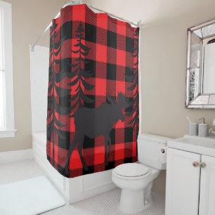 Red Plaid Moose Silhouette Shower Curtain