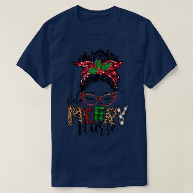 Red Plaid One Merry School Nurse Messy Bun Christm T-Shirt (Design Front)