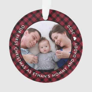 Red Plaid Our First Christmas as Mum and Dad Photo Ornament