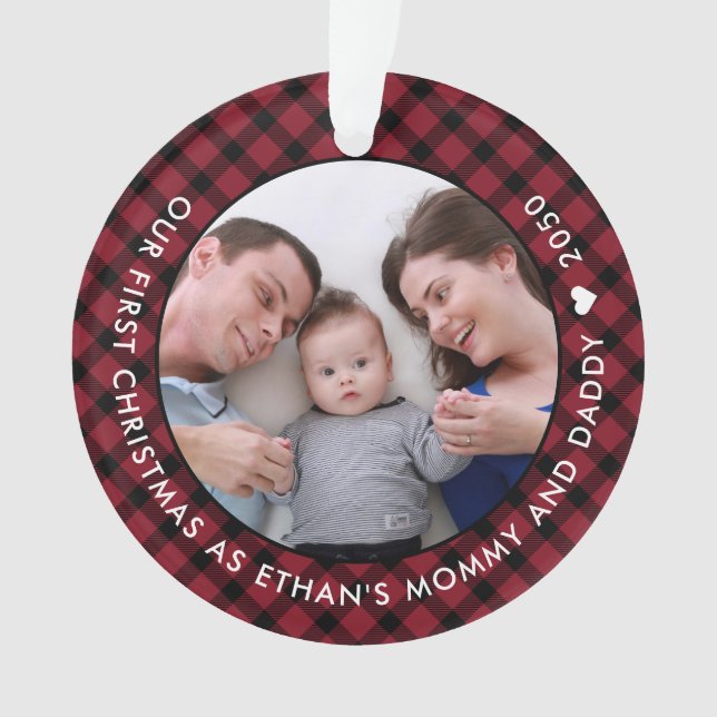 Red Plaid Our First Christmas as Mum and Dad Photo Ornament (Front)