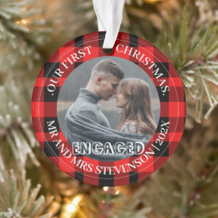 Red Plaid Our first Christmas Mr. and Mrs. 2 Photo Ornament