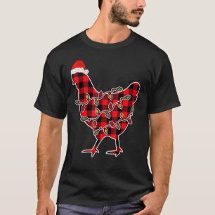 Red Plaid Pajama Chicken Santa Hat Christmas Light T-Shirt