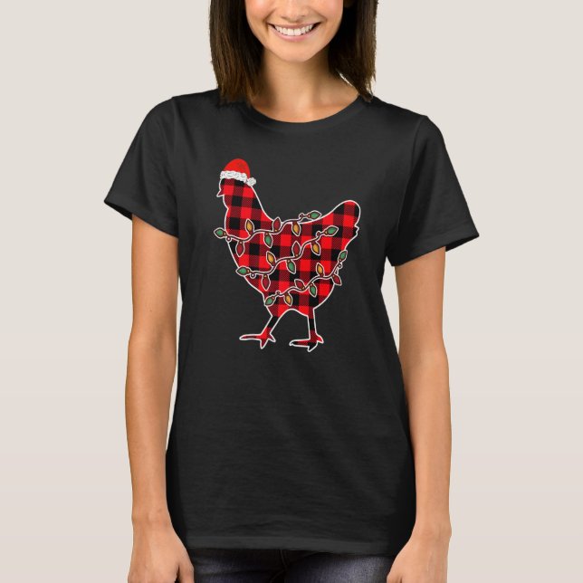 Red Plaid Pajama Chicken Santa Hat Christmas Light T-Shirt (Front)