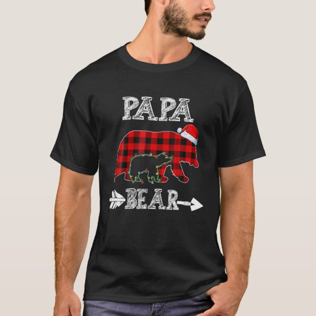 Red Plaid Papa Bear Kid Christmas Light Santa Hat T-Shirt (Front)