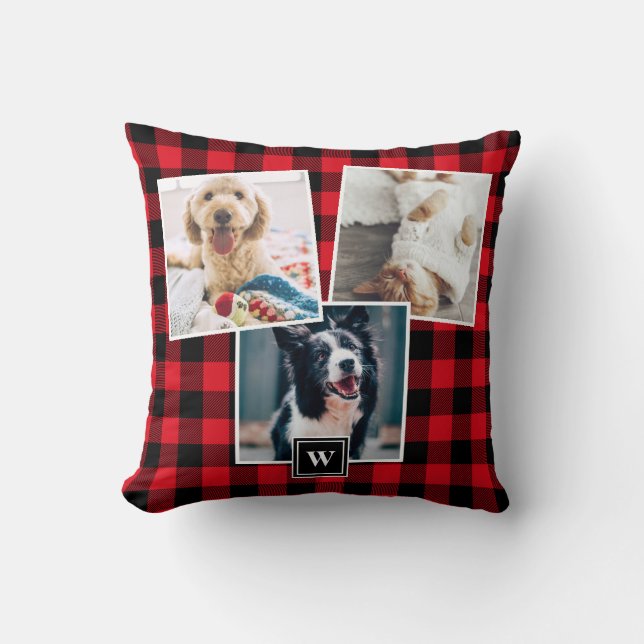 Red Plaid Pattern 3 Photo Collage Monogram Pillow (Front)