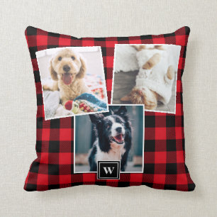 Red Plaid Pattern 3 Photo Collage Monogram Pillow