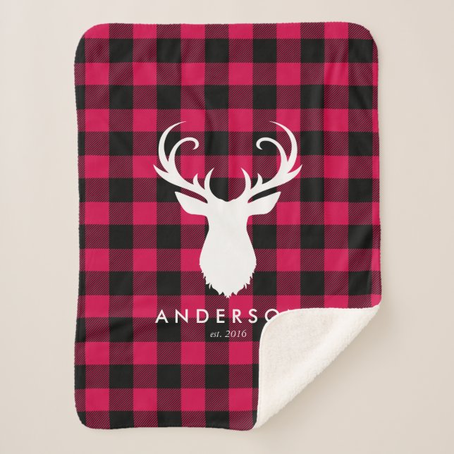 Red Plaid Pattern and Deer Christmas Sherpa Blanket (Front)