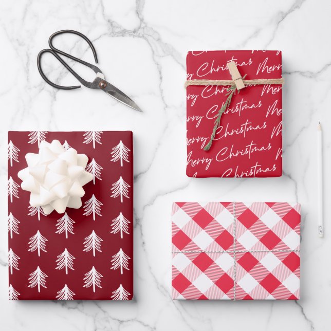 Red Plaid Pattern Christmas Wrapping Paper Sheets (Front)