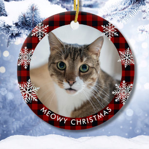 Red Plaid Pattern Custom Cat Photo Meowy Christmas Ceramic Tree Decoration