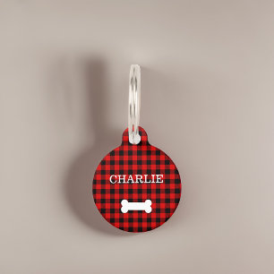 Red Plaid Pattern Dog Bone Pet Tag