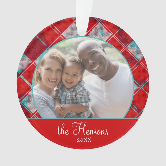 Red Plaid Pattern Family Photo Christmas Keepsake Ornament (Front)