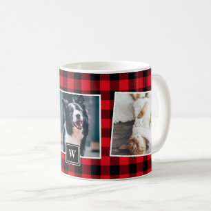 Red Plaid Pattern Photo Collage Monogram Mug