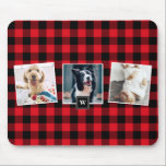Red Plaid Pattern Three Photo Collage Monogram Mouse Mat<br><div class="desc">Modern and stylish customisable mousepad featuring red plaid pattern with three photo collage and monogram tag. Personalise by adding photos and monogram. This personalised mousepad will be perfect as a gift for birthdays,  Mother's Day Father's day and Christmas.</div>