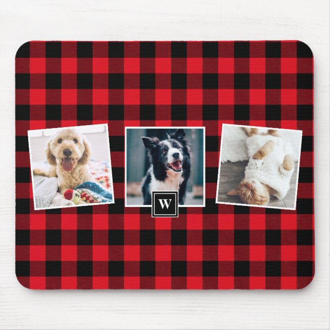 Red Plaid Pattern Three Photo Collage Monogram Mouse Mat (Front)