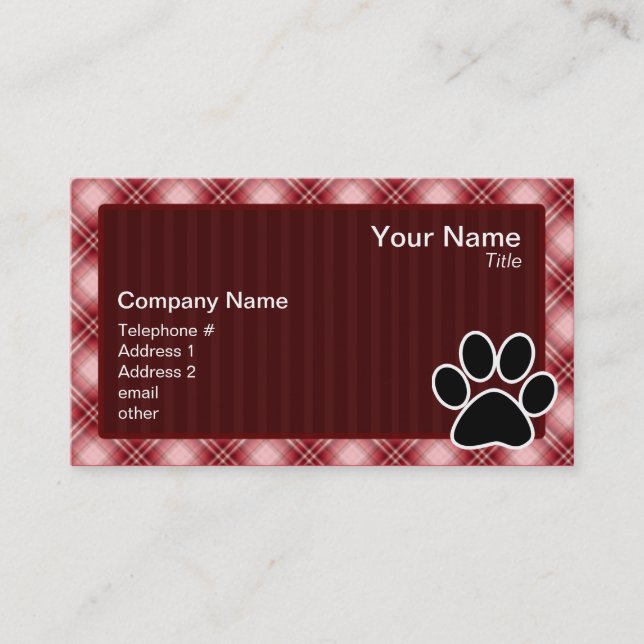 Red Plaid Paw Print Business Card (Front)