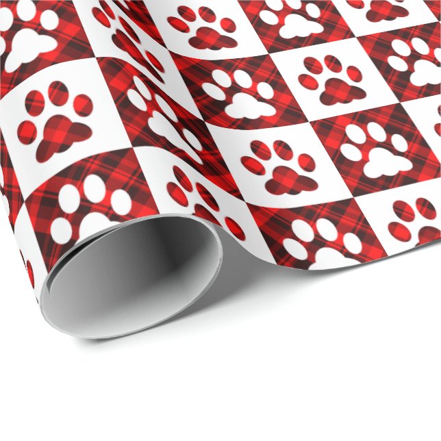 Red Plaid Paw Print Chequered Pattern Wrapping Paper (Roll Corner)