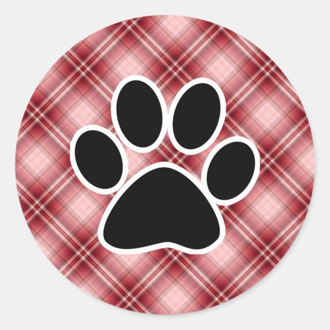 Red Plaid Paw Print Classic Round Sticker (Front)
