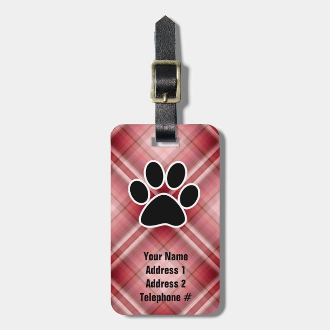 Red Plaid Paw Print Luggage Tag (Front Vertical)