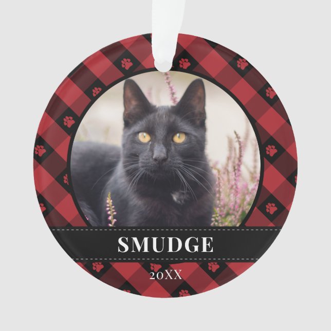 Red Plaid Paw Prints Pet Photo Ornament (Front)