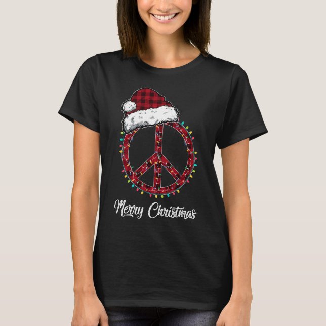 Red Plaid Peace Sign Christmas Lights Hippie Costu T-Shirt (Front)