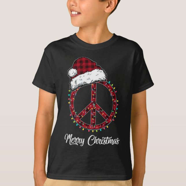 Red Plaid Peace Sign Christmas Lights Hippie Costu T-Shirt (Front)