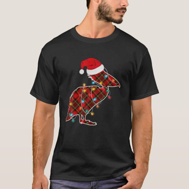 Red Plaid Pelican Bird Christmas Lights Xmas Pajam T-Shirt (Front)