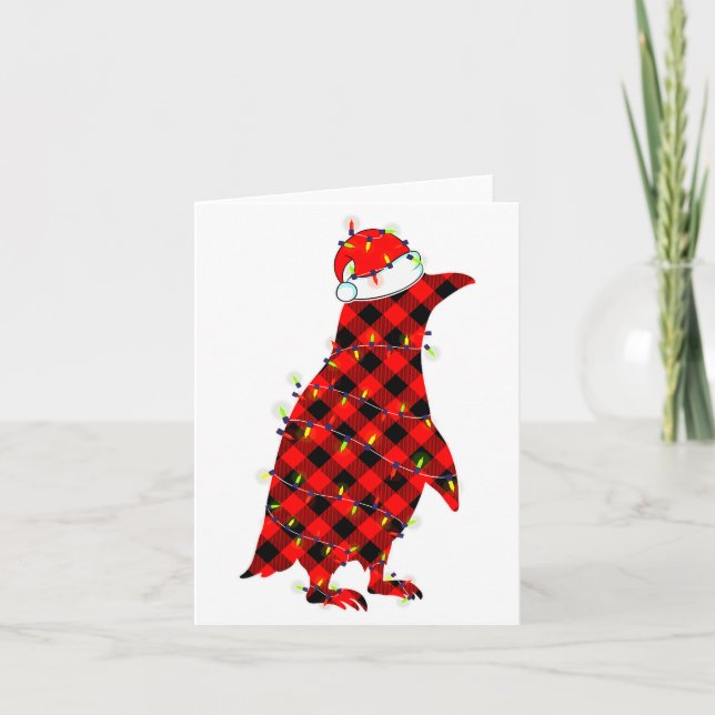 Red Plaid Penguin Christmas Lights Pajamas Adult K Card (Front)