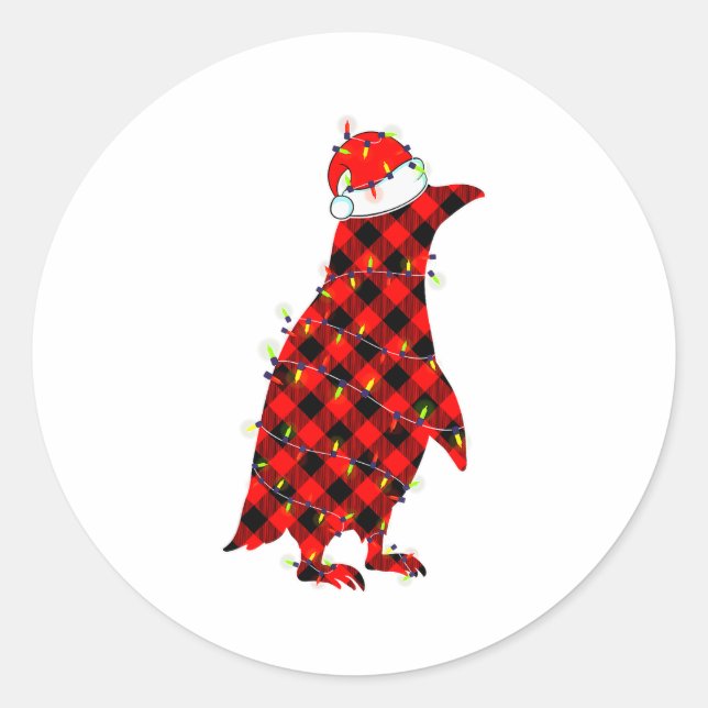 Red Plaid Penguin Christmas Lights Pajamas Adult K Classic Round Sticker (Front)