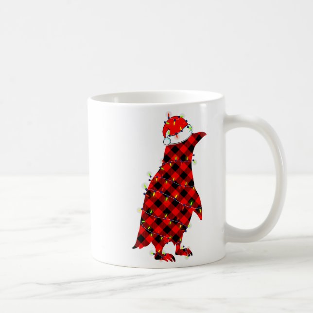 Red Plaid Penguin Christmas Lights Pajamas Adult K Coffee Mug (Right)