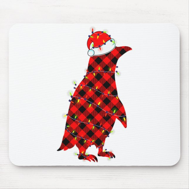 Red Plaid Penguin Christmas Lights Pajamas Adult K Mouse Mat (Front)