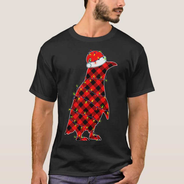 Red Plaid Penguin Christmas Lights Pajamas Adult K T-Shirt (Front)