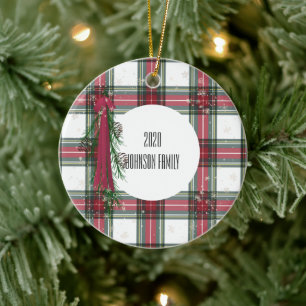 Red Plaid Personalised Christmas Ceramic Ornament