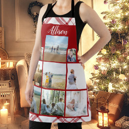 Red Plaid Personalised Family Photo Collage Name Apron