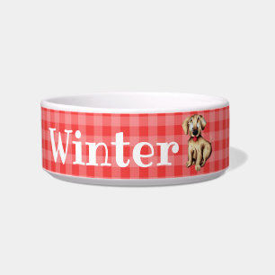 Red Plaid Personalised Illustrated Dog Bowl
