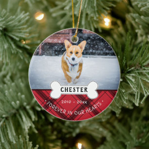 Red Plaid Pet Name & Photo Forever In Our Hearts Ceramic Tree Decoration